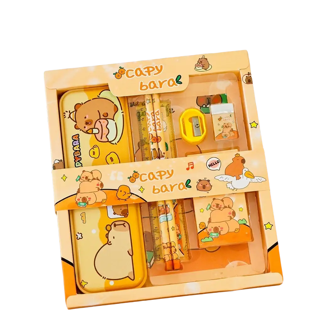 Kids cartoon stationery set featuring capybara-themed pastel yellow and orange designs for school supplies gift kit