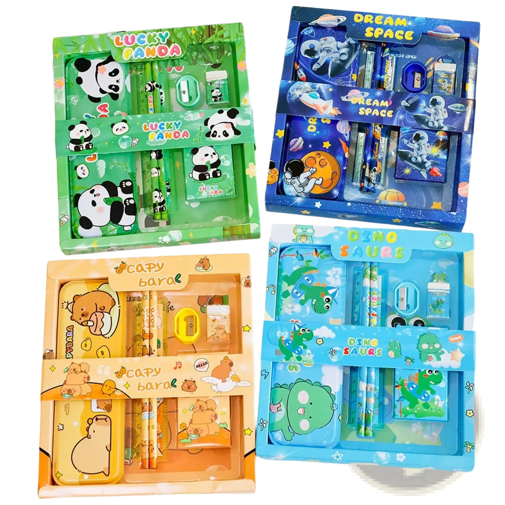 Kids cartoon stationery set featuring colorful panda and astronaut designs in clear plastic packaging for school use
