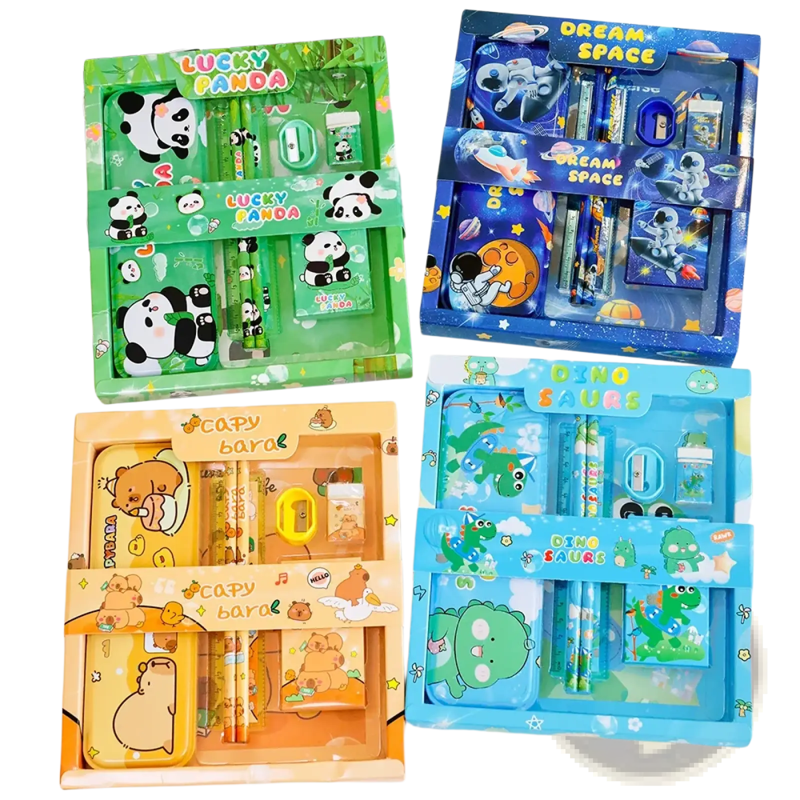 Kids cartoon stationery set featuring colorful panda and astronaut designs in clear plastic packaging for school use