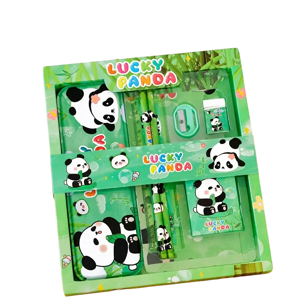 Green lucky panda kids cartoon stationery set with plastic and metal items for school supplies gift kit