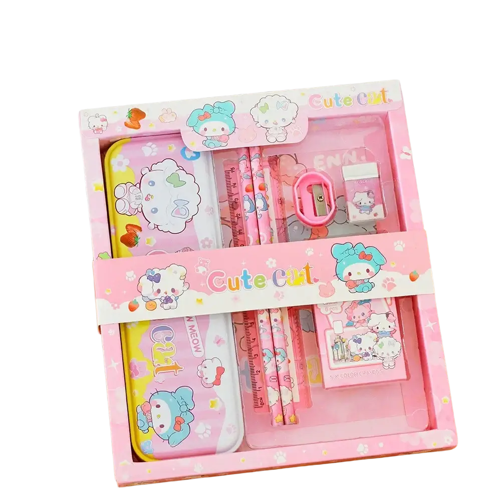 Pink and yellow my melody-themed kids cartoon stationery set in matching pink box for school supplies gift kit