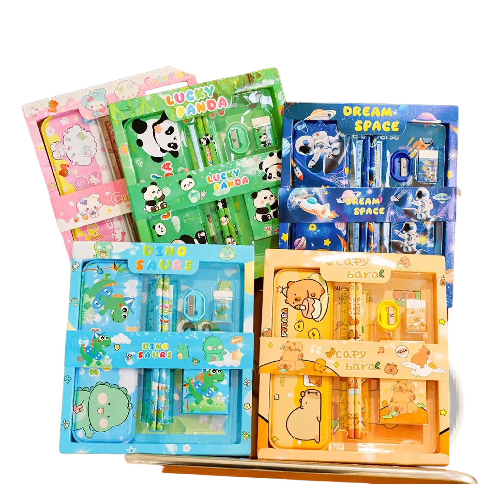 Kids cartoon stationery set with cute animal designs in pink green blue and yellow for school supplies gift kit