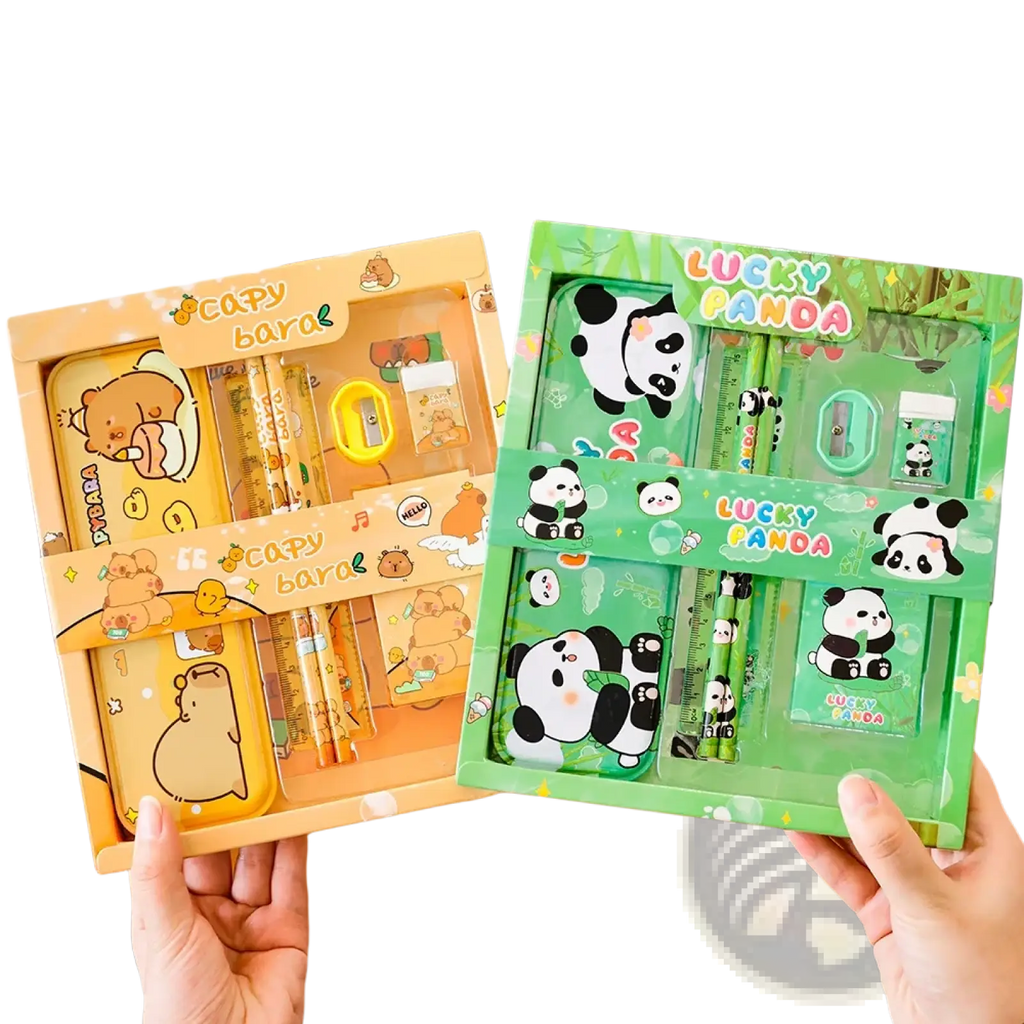 Kids cartoon stationery set featuring colorful orange bear and green panda themed kits with pencils rulers and erasers