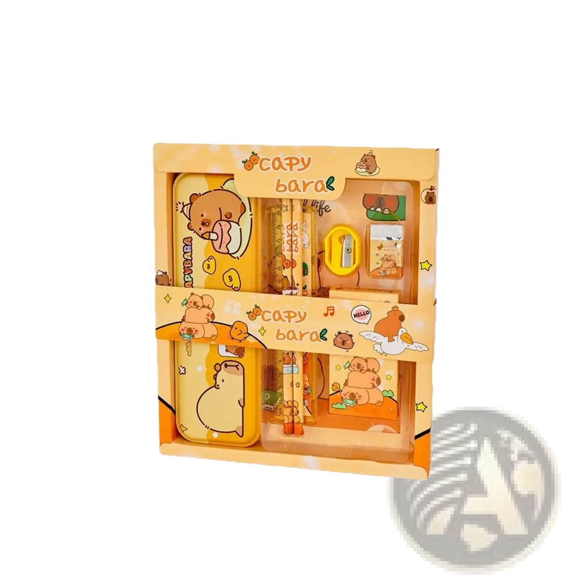 Yellow cartoon bear-themed kids stationery set in a matching box ideal for school supplies gift kit