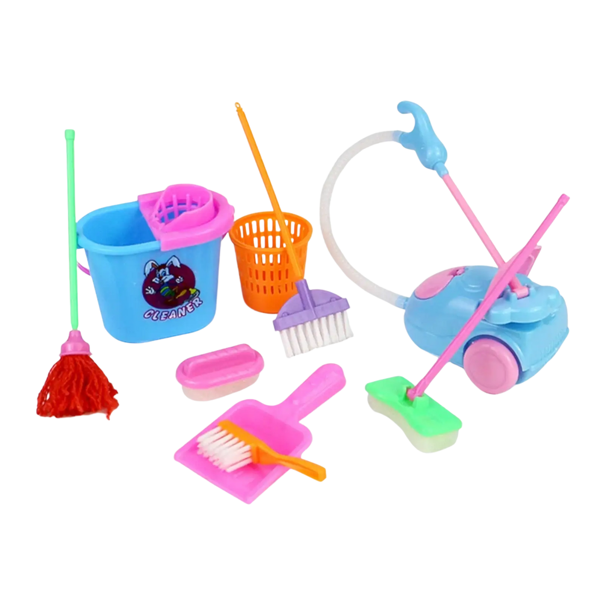 Blue plastic toy vacuum cleaner with pink wheels and handle from kids cleaning toy set for pretend play housekeeping