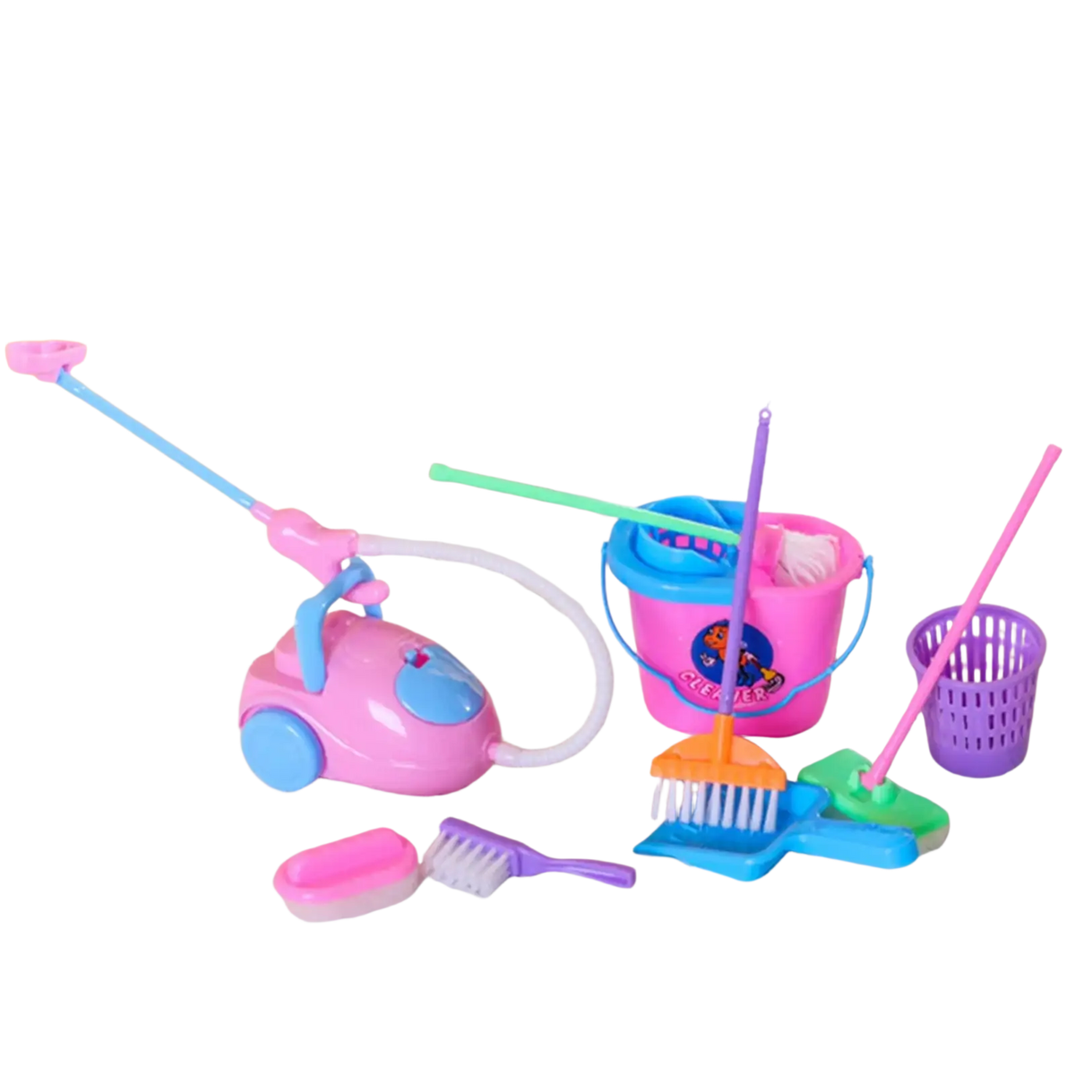 Pink and blue plastic toy vacuum cleaner with a long handle from kids cleaning toy set for pretend play housekeeping kit