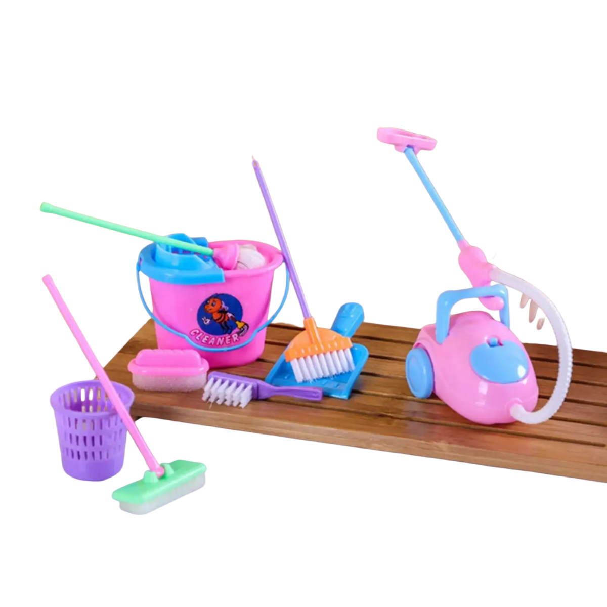 Kids cleaning toy set pretend play housekeeping kit featuring pink and blue plastic vacuum cleaner with white hose and pink handle