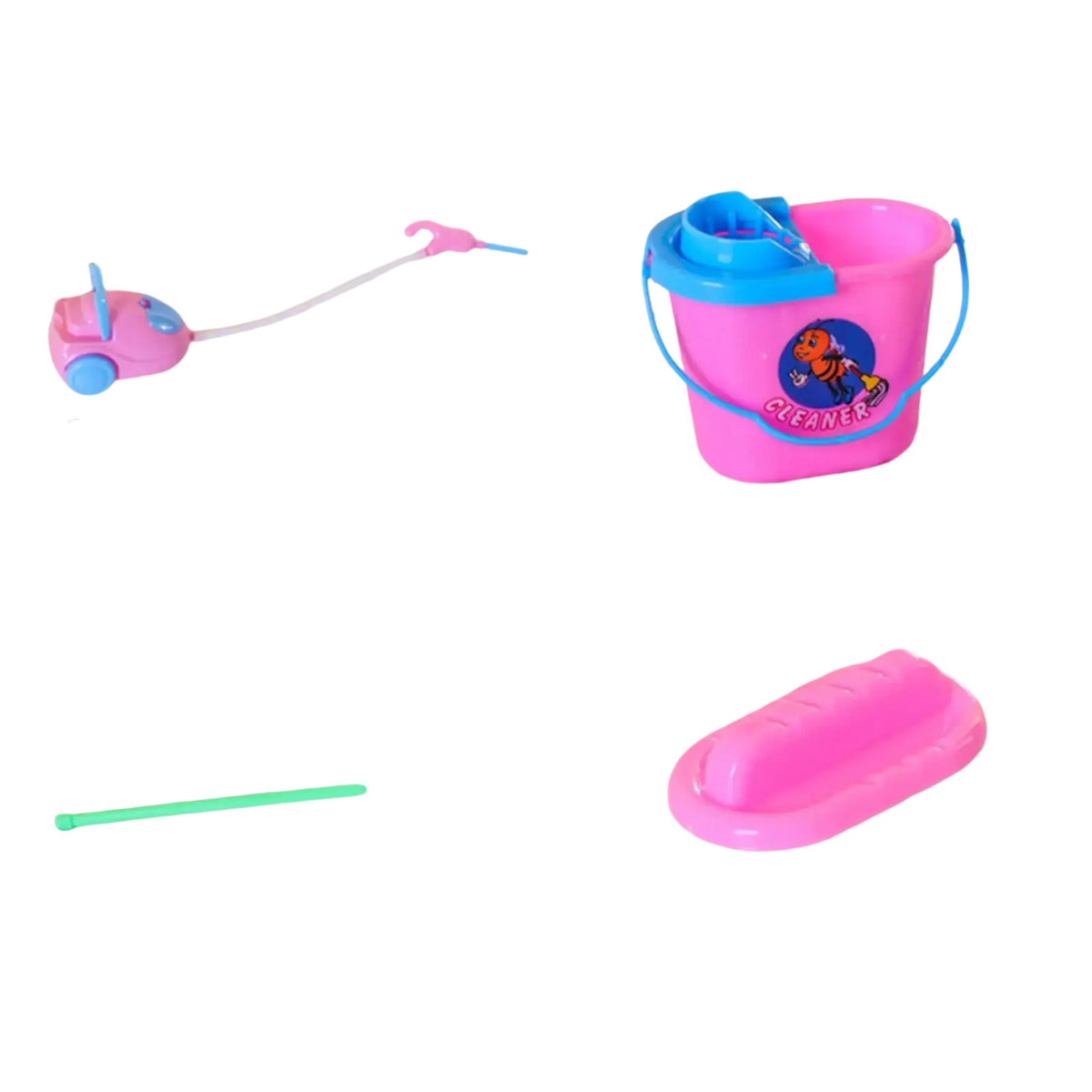 Pink plastic toy bucket with blue handle and lid featuring a cartoon bee labeled cleaner from kids cleaning toy set