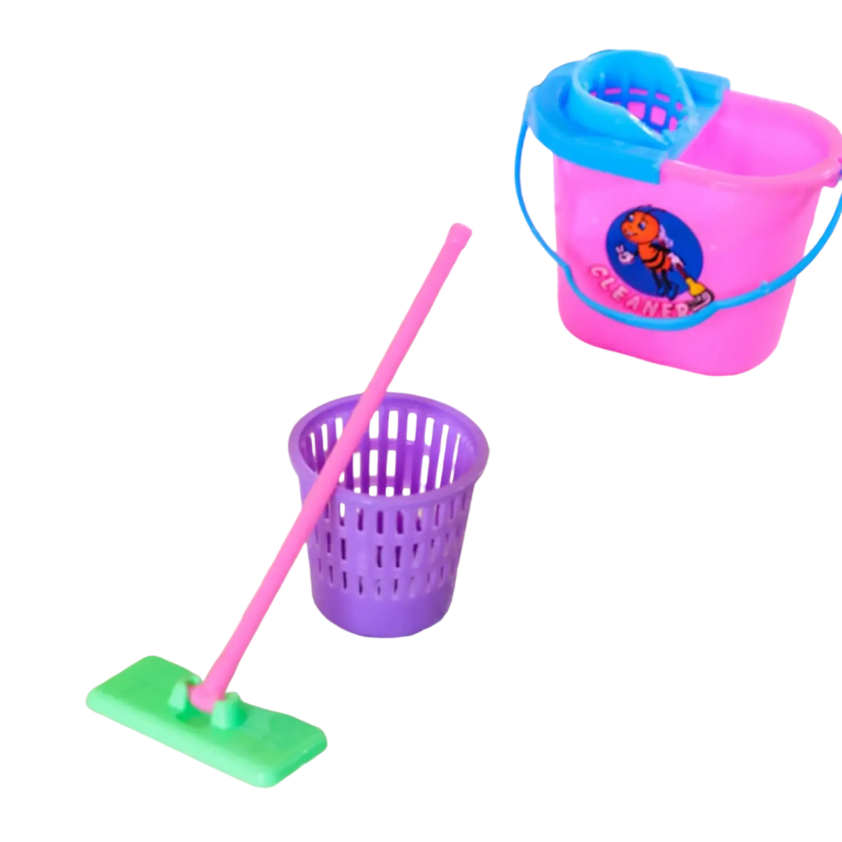 Purple plastic toy mop with green head and pink handle from kids cleaning toy set pretend play housekeeping kit