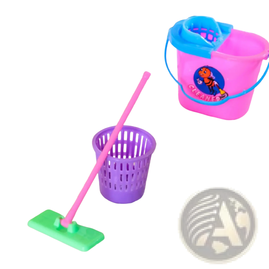 Purple plastic toy mop with green head and pink handle from kids cleaning toy set pretend play housekeeping kit