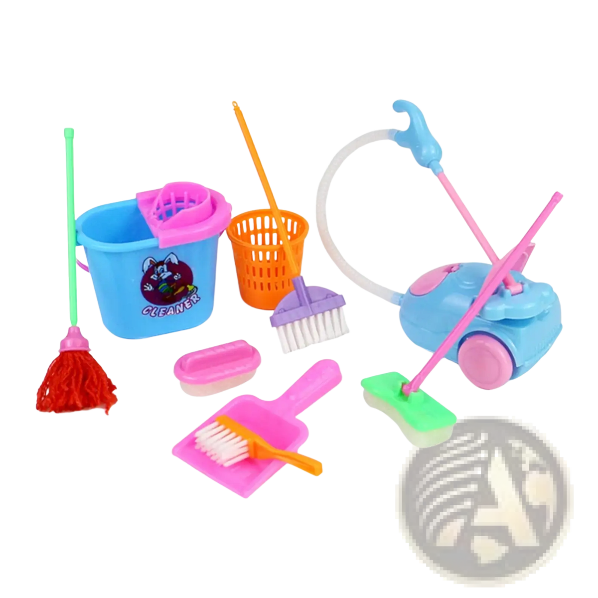 Blue plastic toy vacuum cleaner with pink wheels and handle from kids cleaning toy set for pretend play housekeeping