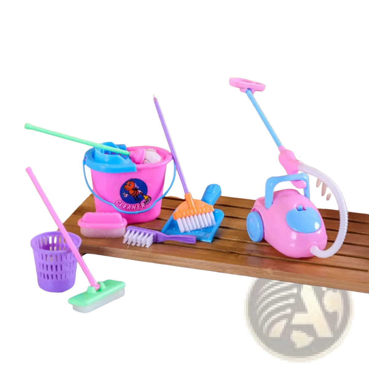 Kids cleaning toy set pretend play housekeeping kit featuring pink and blue plastic vacuum cleaner with white hose and pink handle