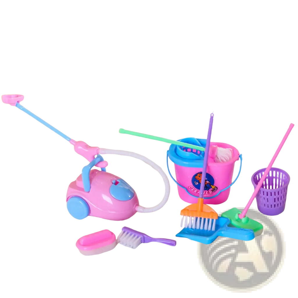 Pink and blue plastic toy vacuum cleaner with a long handle from kids cleaning toy set for pretend play housekeeping kit