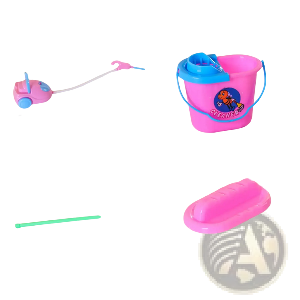 Pink plastic toy bucket with blue handle and lid featuring a cartoon bee labeled cleaner from kids cleaning toy set