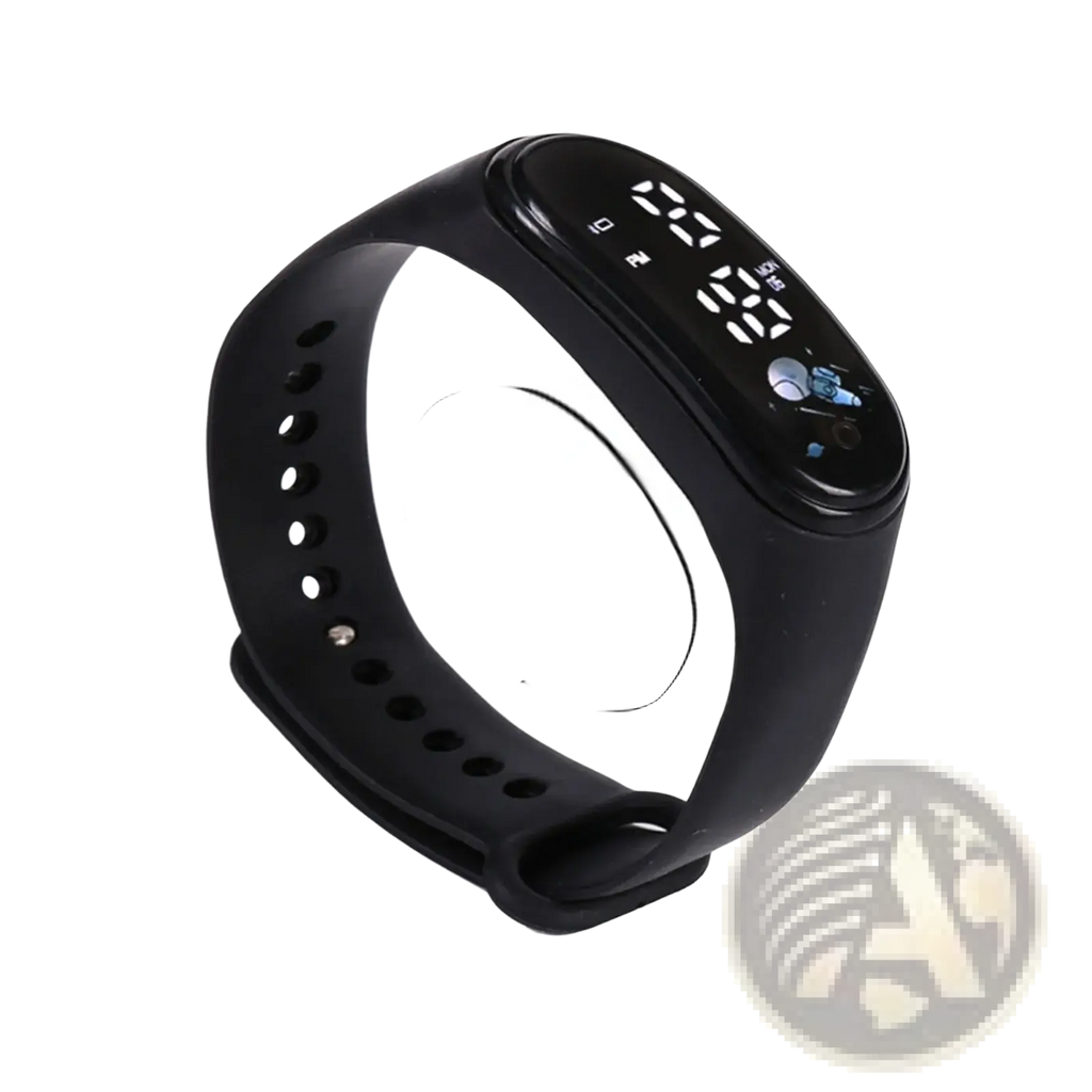 Black silicone kids digital LED sports watch with fitness tracker displaying time and step count on digital display