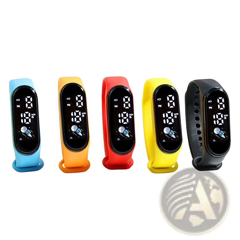 Kids digital led silicone sports watches with vibrant blue orange red yellow and black bands for active use