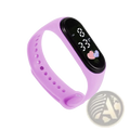 Kids digital led silicone sports watch in purple with a black digital display showing time and heart icons
