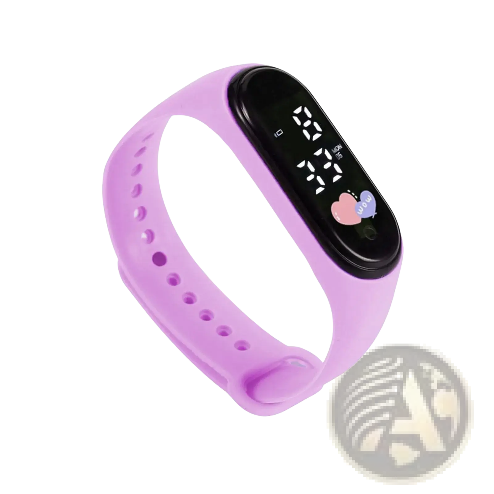 Kids digital led silicone sports watch in purple with a black digital display showing time and heart icons