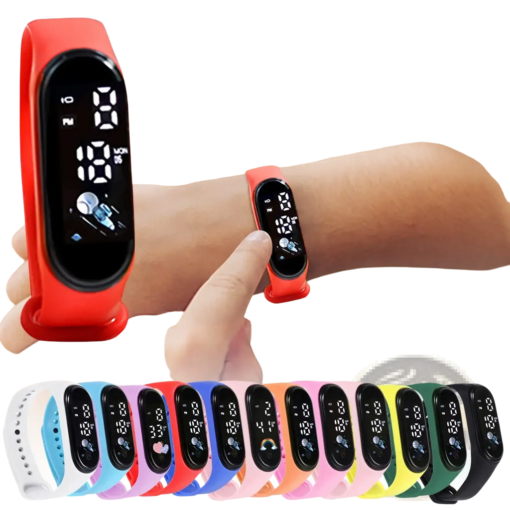 Kids digital led silicone sports watch with red band and black display showing time and date in digital format