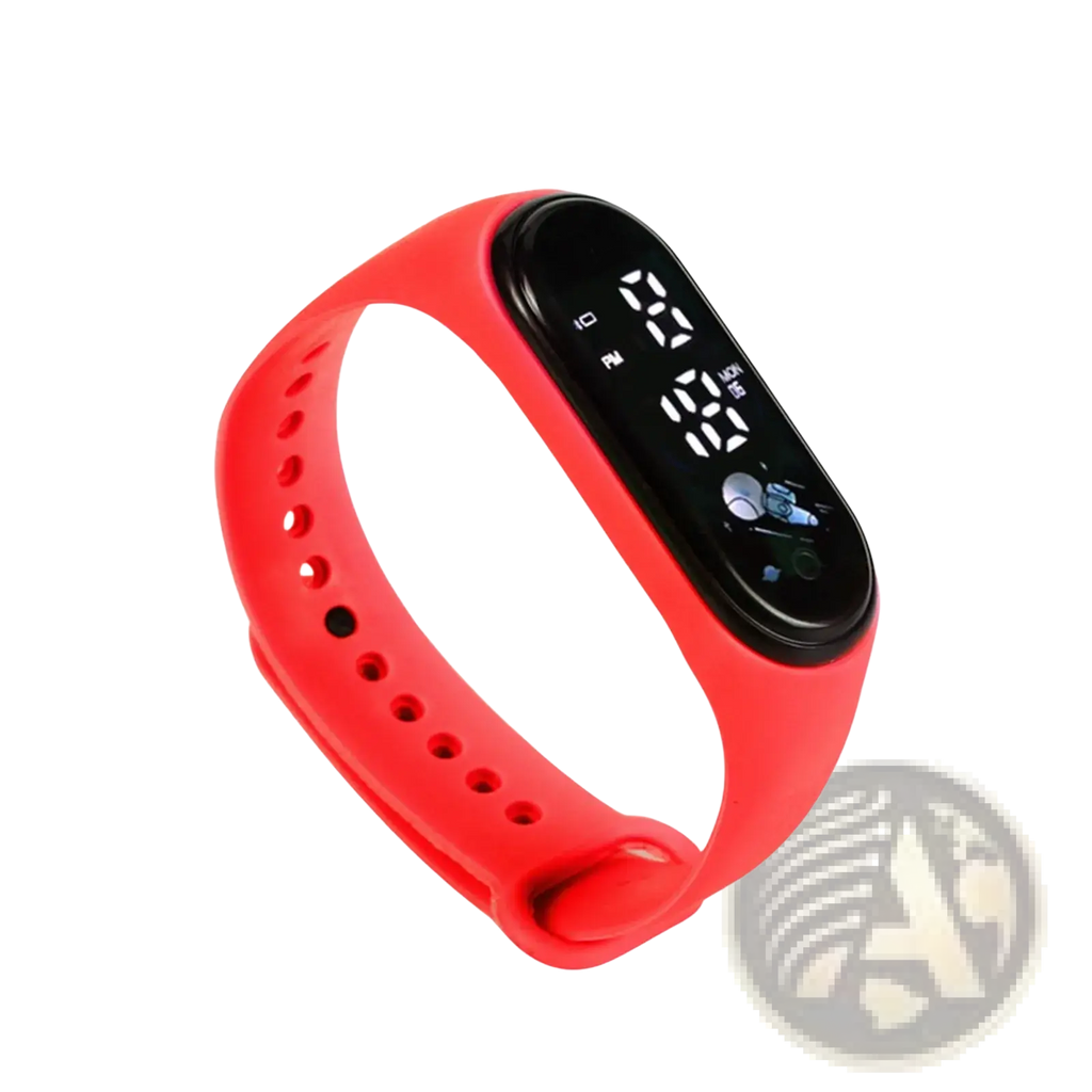 Red silicone kids digital LED sports watch with black digital display showing time and date