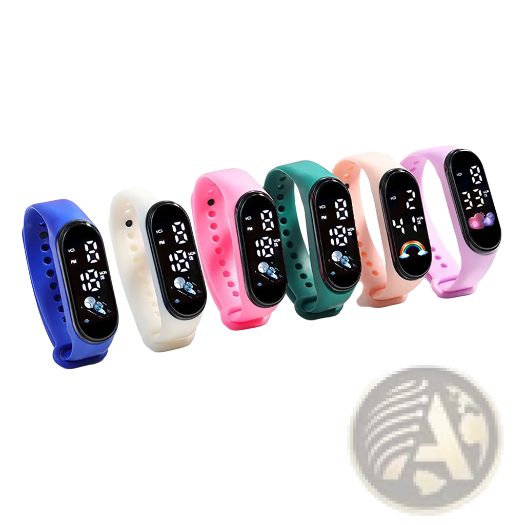 A row of colorful kids digital led silicone sports watches with black rectangular screens showing time and date