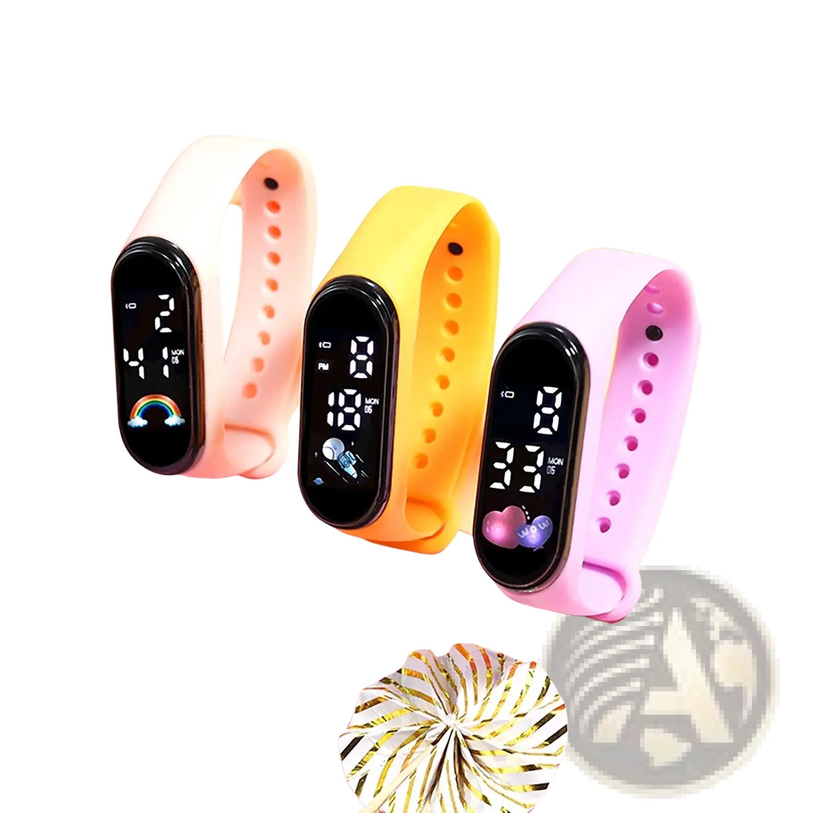 Kids digital led silicone sports watch featuring three colorful pink yellow and lavender wristbands with digital displays