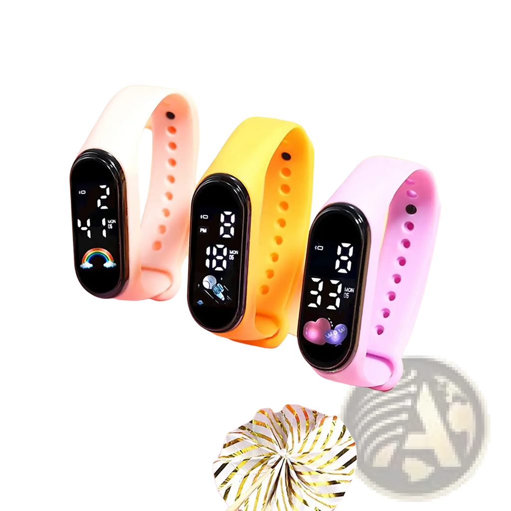 Kids digital led silicone sports watches in pink yellow and lavender with colorful wristbands and black digital displays