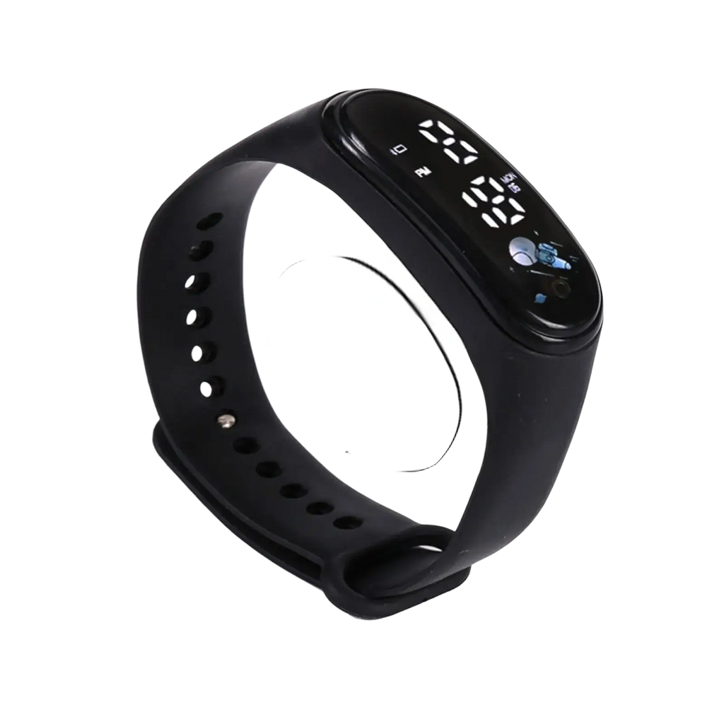 Black silicone kids digital led watch showing time and steps on digital display made from durable silicone material