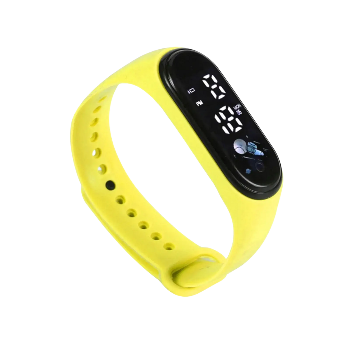 Bright yellow kids digital led watch with black display made of durable silicone material type