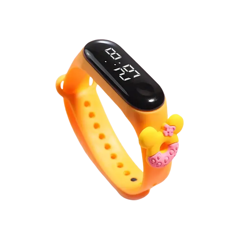 Bright yellow kids digital led watch with silicone material wristband and pink leopard print donut charm