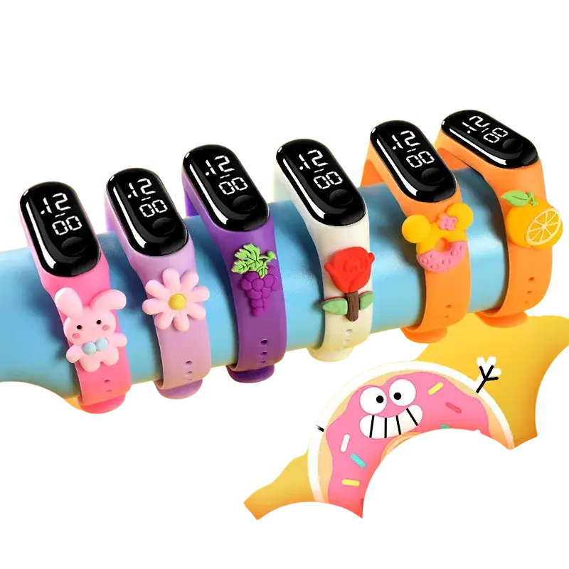 Colorful kids digital led watch made of silicone material with digital displays and cute 3d character charms