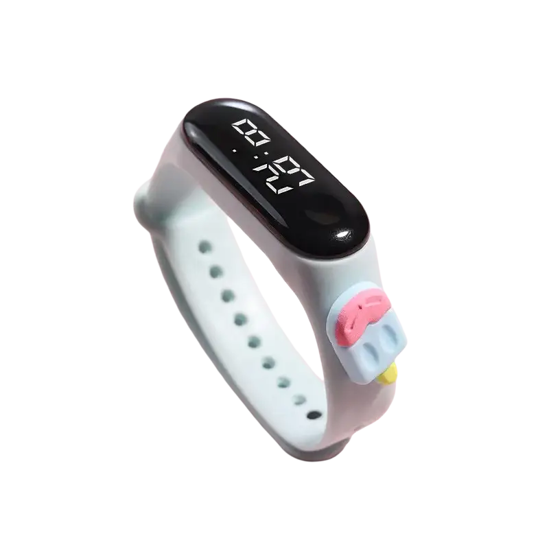 Kids digital led watch with light blue silicone material and pink ice cream charm featuring black digital display