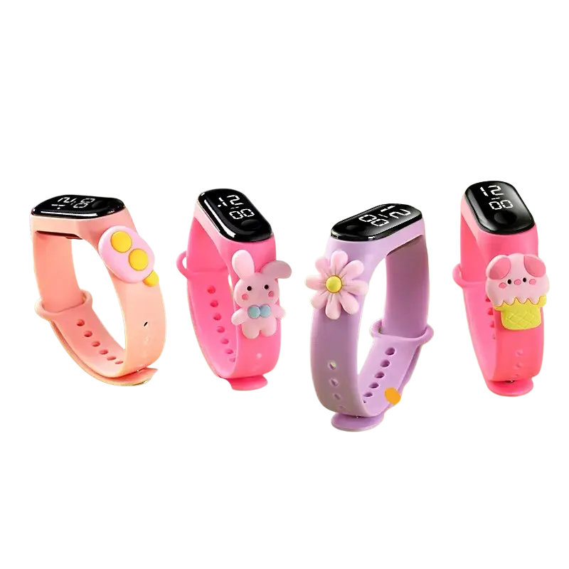 Pink and purple kids digital led watch wristbands made of silicone material with cute cartoon charms