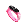 Kids digital LED watch with pink silicone material wristband black display showing 08:12 and pink bunny charm