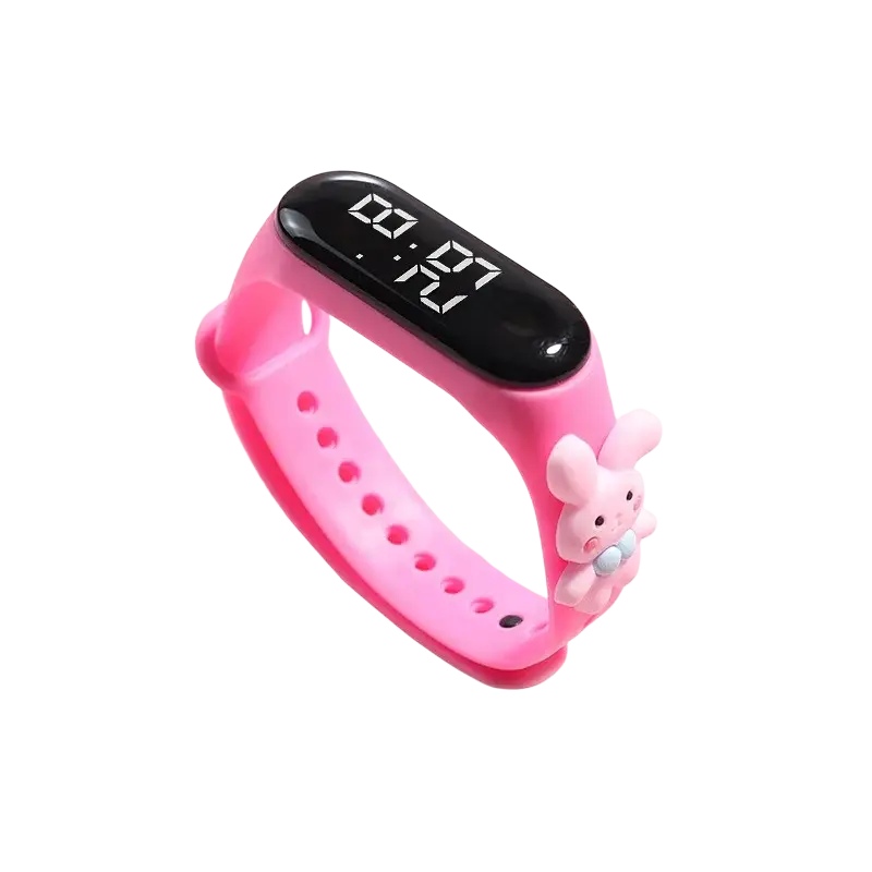 Kids digital LED watch with pink silicone material wristband black display showing 08:12 and pink bunny charm