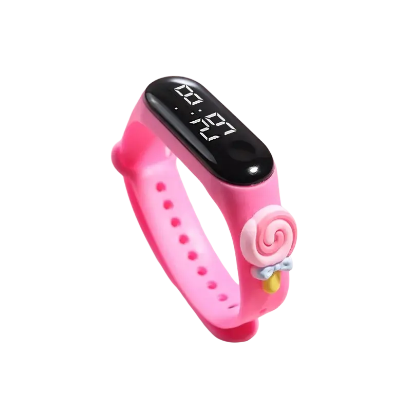 Pink kids digital led watch made of silicone material with black digital display and pink lollipop charm attached