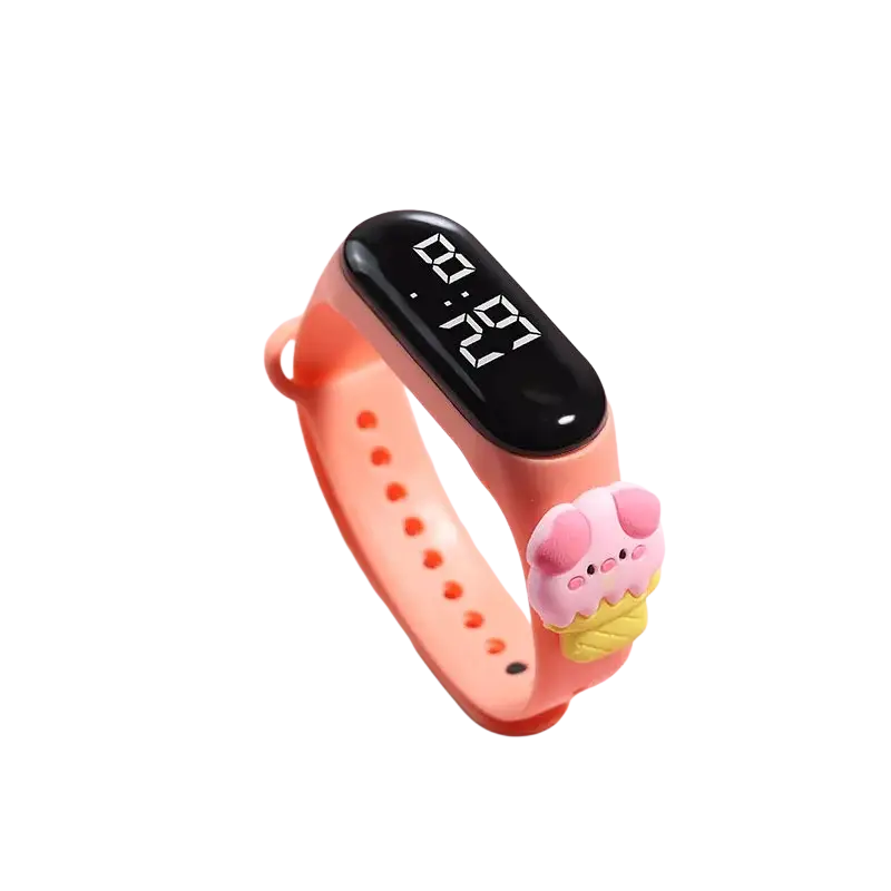 Pink kids digital led watch with silicone material wristband and black display featuring a pink ice cream charm