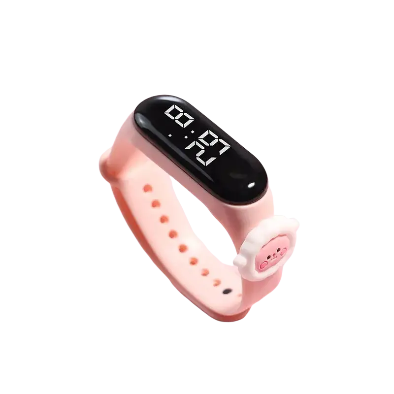 Pink kids digital led watch with silicone material wristband black display showing 08:27 and white cartoon charm