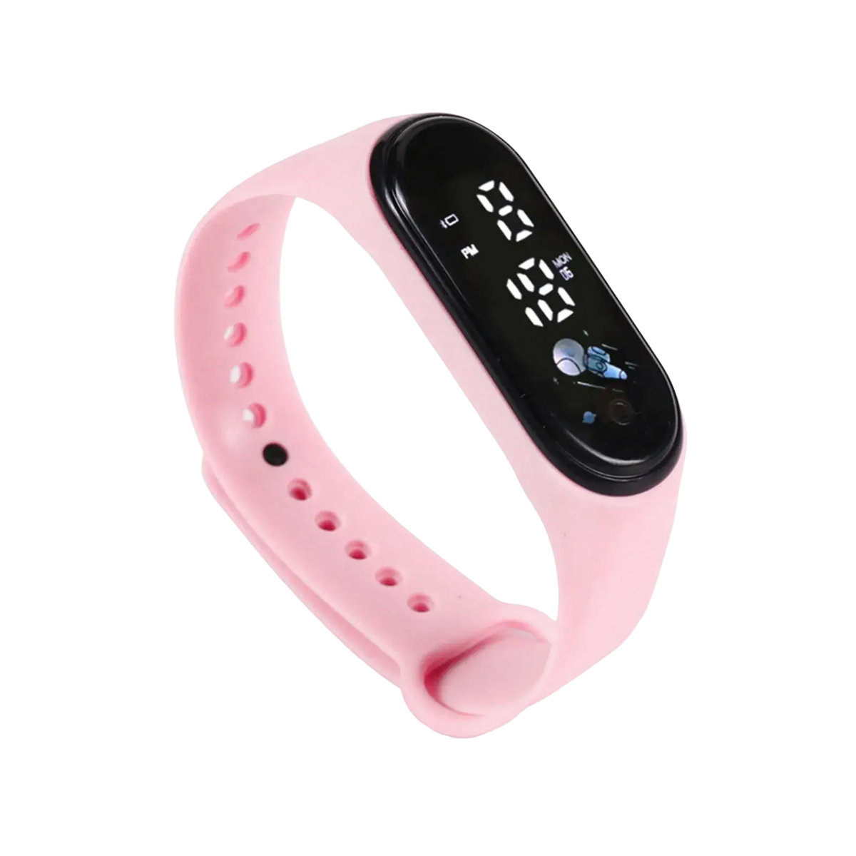 Pink kids digital led watch with black display made of silicone material showing time and date