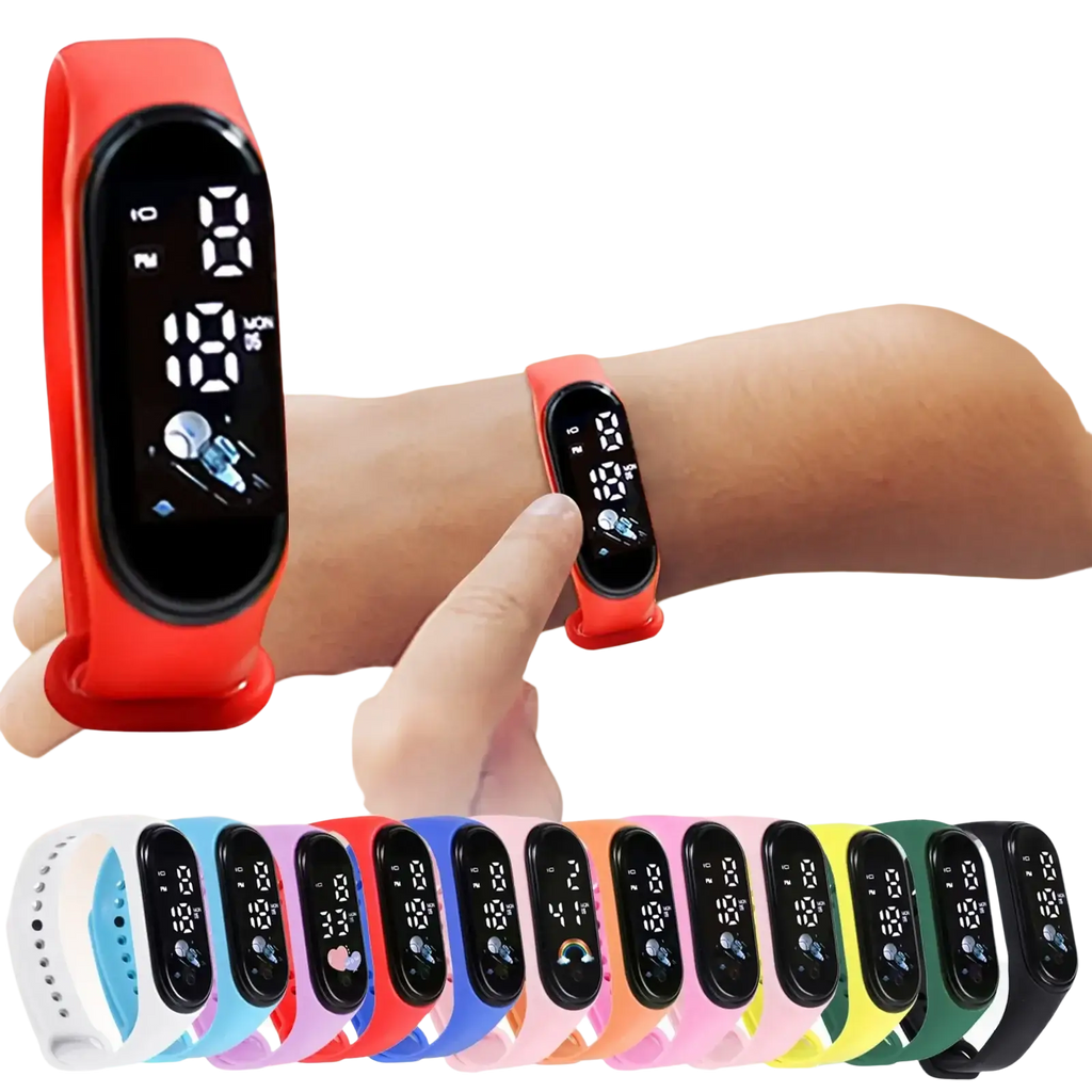 Red kids digital led watch with black display screen made of silicone material showing time and date