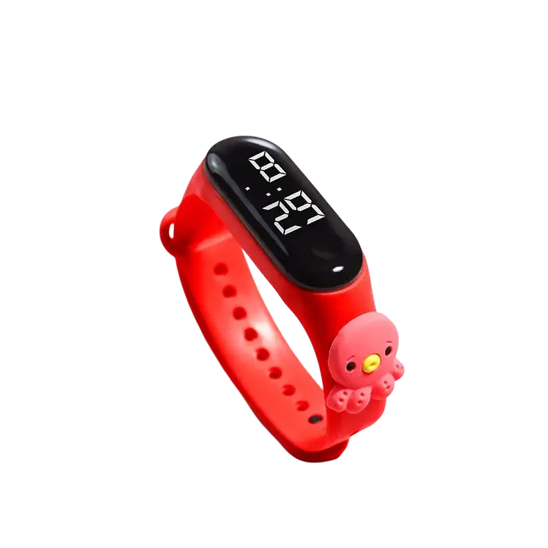 Kids digital led watch with red silicone material band and black display showing 07 29 with pink octopus charm attached