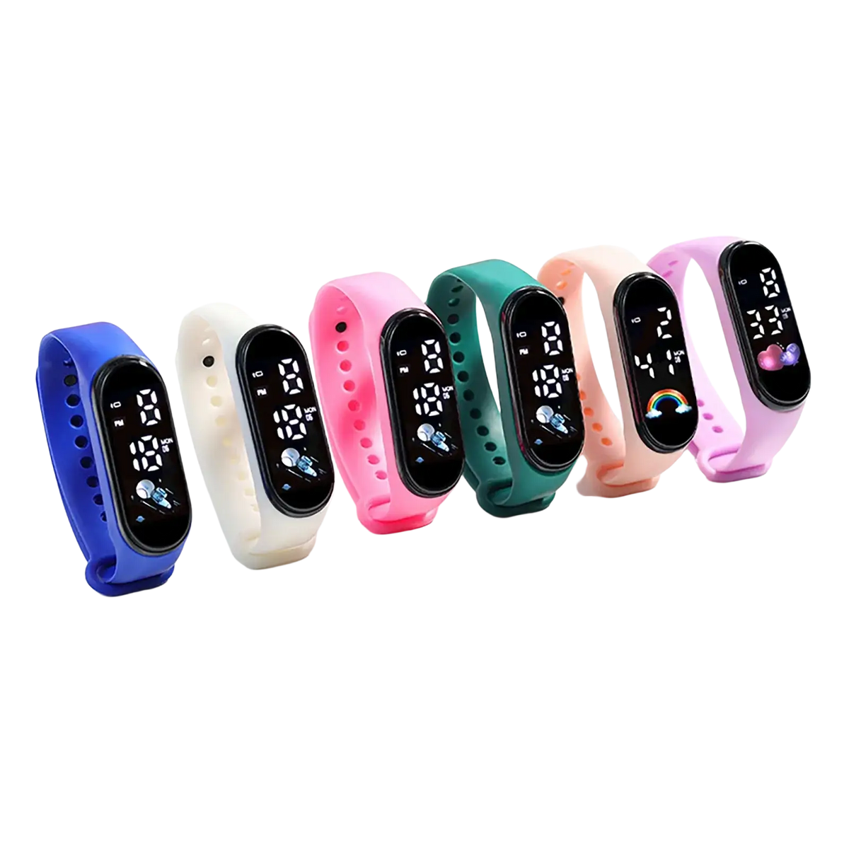 A row of colorful kids digital led watches with black screens showing time and date made of silicone material