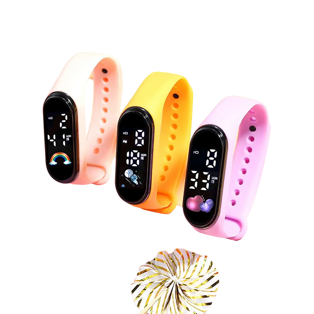 Three colorful kids digital led watches with silicone material wristbands in pink yellow and lavender with black digital displays