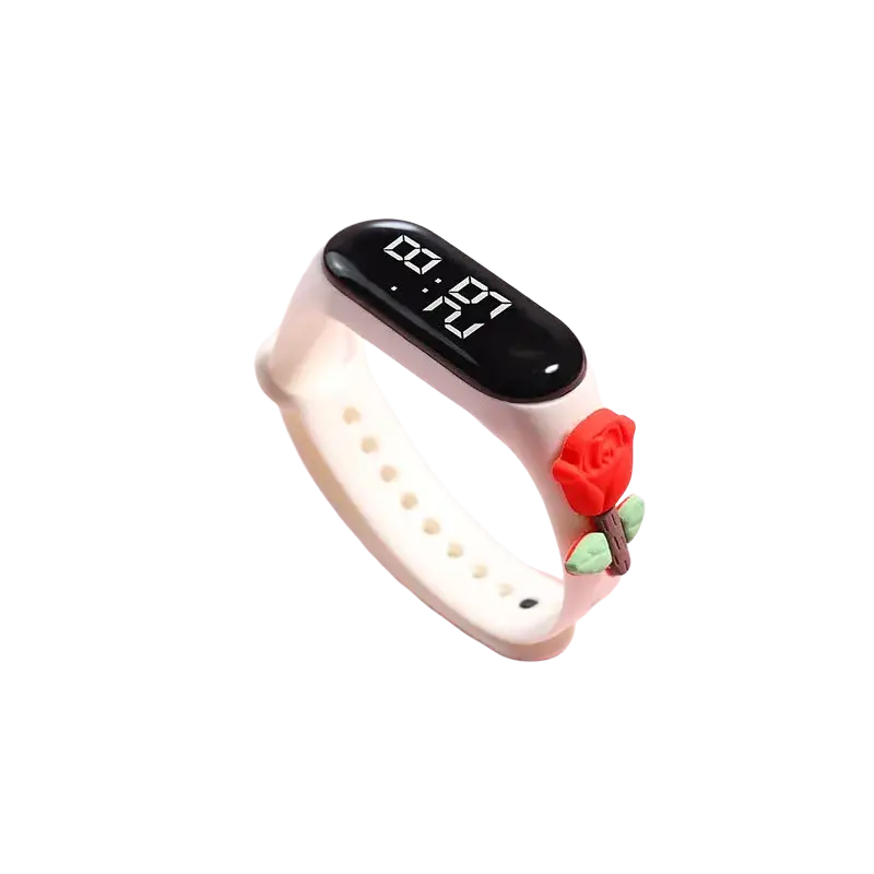 Kids digital led watch with white silicone material wristband black display and red rose charm attached to the side