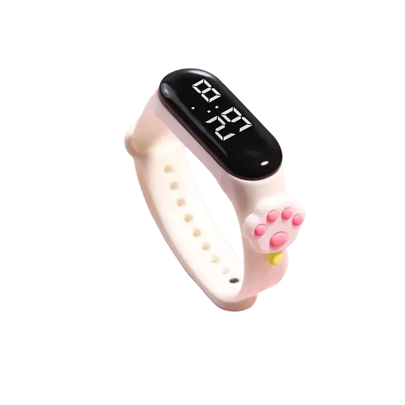 Kids digital LED watch with white silicone material wristband black display and pink paw print design