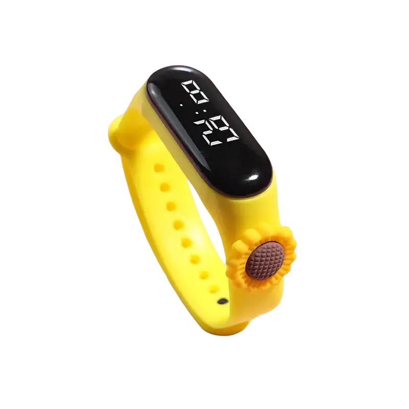 Yellow kids digital led watch with black display featuring sunflower design made of silicone material type