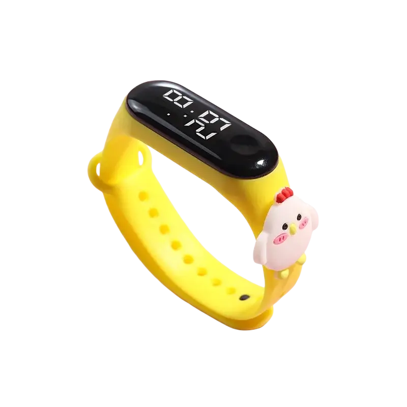 Kids digital led watch with yellow silicone material wristband, black display, and white chicken charm accessory