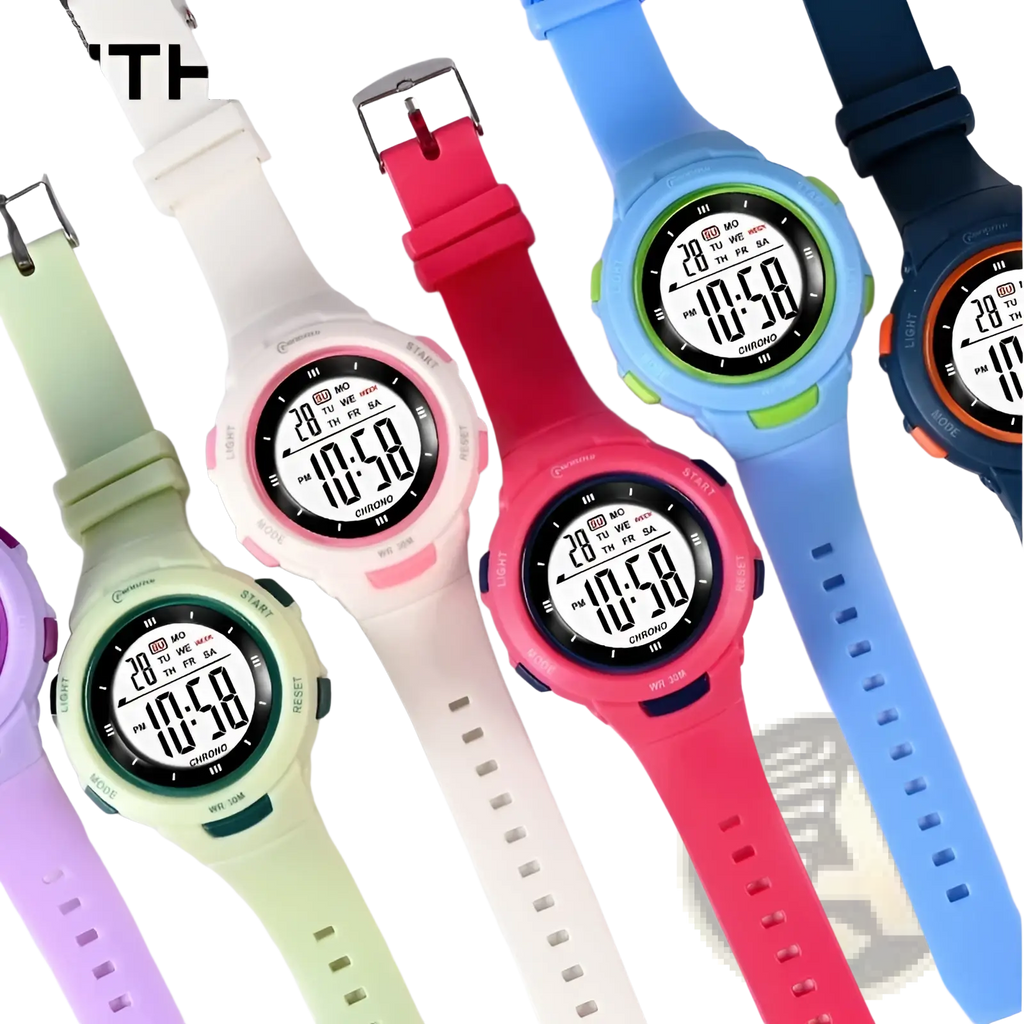 Colorful kids digital sports watches with luminous waterproof alarm features and silicone straps in multiple bright colors