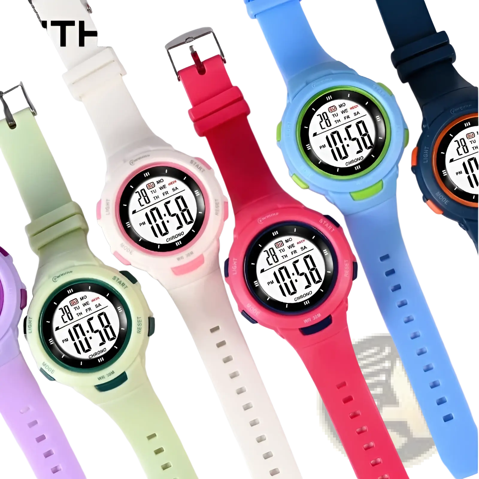 Colorful kids digital sports watches with luminous waterproof alarm features and silicone straps in multiple bright colors
