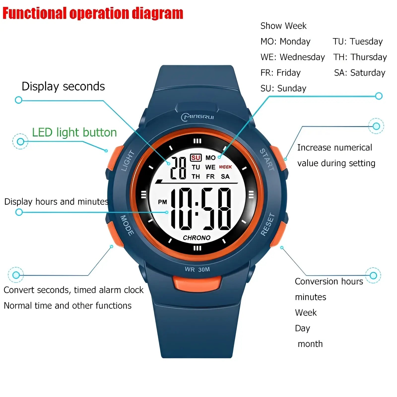 Kids digital sports watch blue and orange with luminous display and durable rubber strap for waterproof use